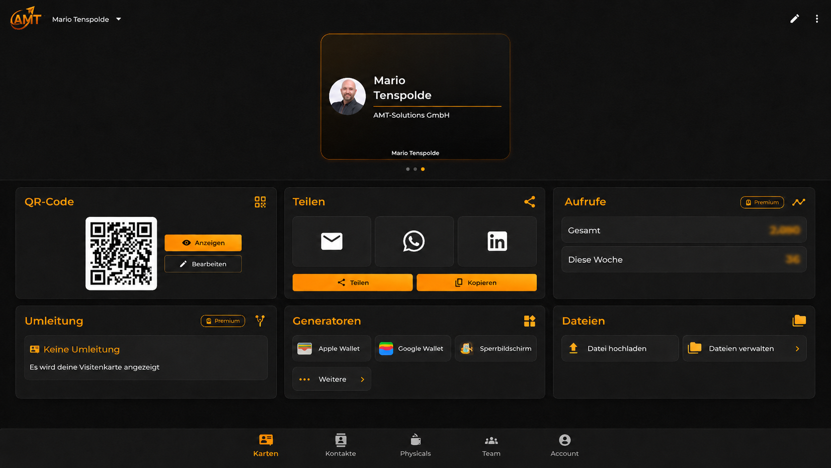 Lckd.Cards Dashboard mit QR-Code, Teilen, Aufrufen und Generatoren